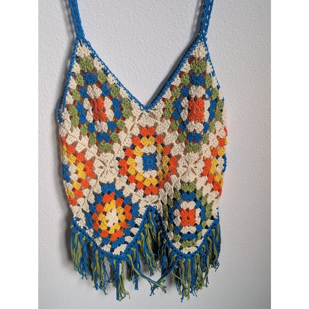 Handmade Multicolor Crochet Fringe Tank Top - Blue Trim - Picture 4 of 9